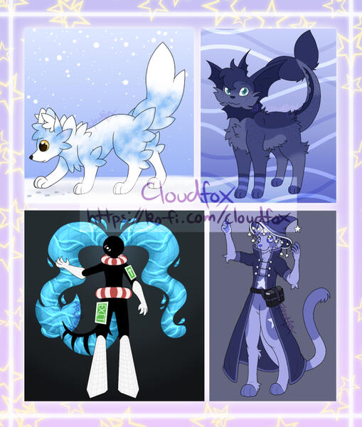 A collage image of four different digital art drawings set on a purple background with yellow stars. The top two images are of ferals, one being a snow fox, the other a vaporeon. The bottom two are anthro designs, a pool-rooms cryptid and a wizard cat.