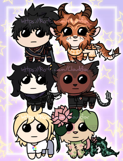 A collage of six different digital drawings, set on a purple background with yellow stars. Each one is a character in the shape of a TBH, a creature with short round legs and big black round eyes. They are staring directly forwards with a blank expression.