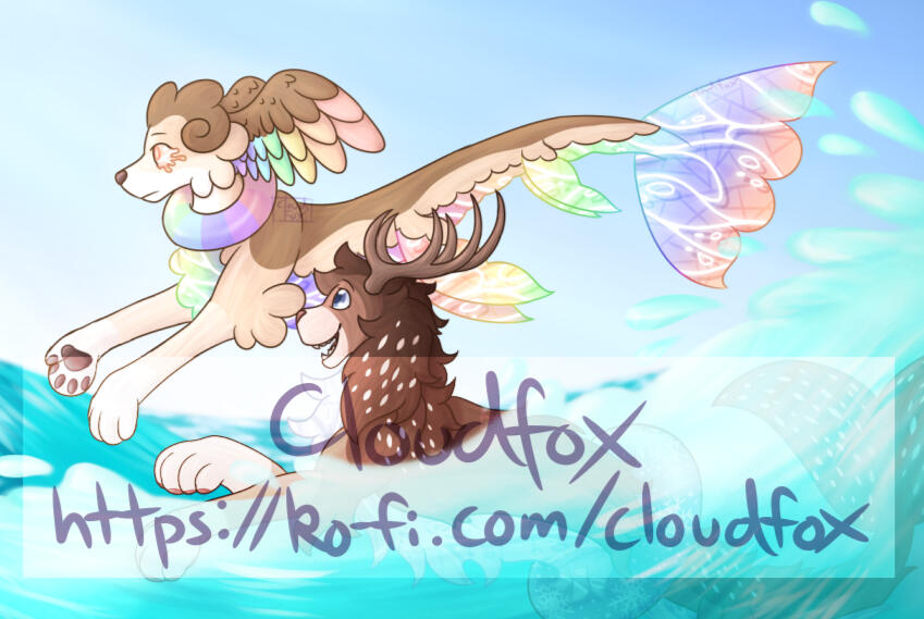 A full drawing of two mermaid-like creatures leaping out of the water. One is light brown with rainbow water markings, the other is dark brown with antlers and blue water pattern along their belly.