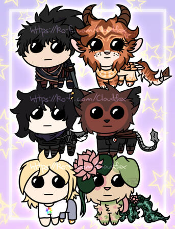 A collage of six different digital drawings, set on a purple background with yellow stars. Each one is a character in the shape of a TBH, a creature with short round legs and big black round eyes. They are staring directly forwards with a blank expression.