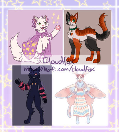 A collage image of four different digital art drawings set on a purple background with yellow stars. The top two images are of cats, one white and one calico, and the bottom two images are of furry designs, one a black and red and the other a pink moth.